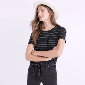 Madewell Womens XL Textured Knit Modern Tie Front Top In Stripe Cotton